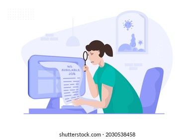 A Woman Looking For Job Online On Website For Pandemic Jobless Illustration Concept