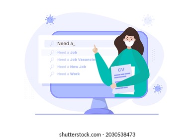 A Woman Looking For A Job Online On Website For Pandemic Jobless Illustration Concept