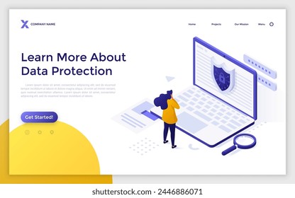 Woman looking at laptop display with shield icon. Data protection concept isometric vector illustration. Network engineer checking cyber security efficiency cartoon character for landing page