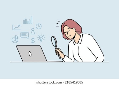 Woman Looking At Laptop Screen With Magnifying Glass Exploring Online Perspectives And Opportunities. Female Use Magnifier Discover Options On Internet On Computer. 