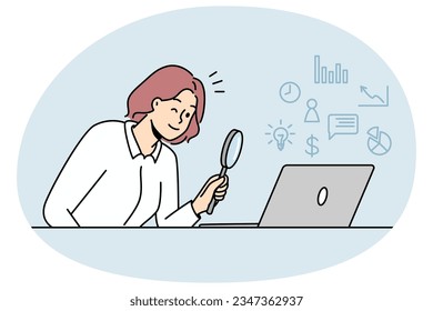 Woman looking at laptop screen with magnifying glass exploring online perspectives and opportunities. Female use magnifier discover options on internet on computer.