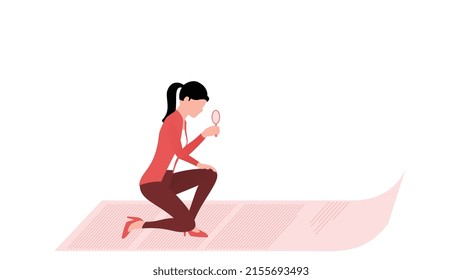 woman looking at a large sheet of paper with a magnifying glass, business character vector illustration on white background.