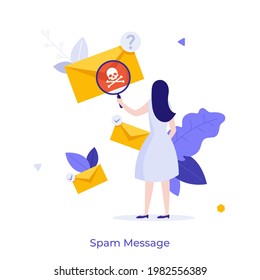 Woman looking at letter in envelope through magnifying glass and seeing skull and crossbones. Concept of spam message, suspicious e-mail, online safety or security. Modern flat vector illustration.