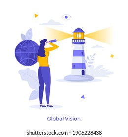 Woman looking a lighthouse through binoculars. Concept of global vision, strategic thinking in international business, visionary leader or entrepreneur. Modern flat vector illustration for poster.