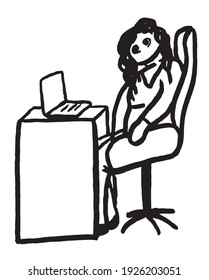 A woman looking like zombie sits before a laptop
