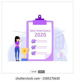 a woman is looking at a list of achievements in 2020, with a large trophy beside her. Vector illustration flat design style.