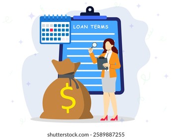 A woman looking for loan terms on document in behind her. Concept of interest, rate, fee, charge, payment, schedule, deadline, duration, period, repayment, plan, scheme, agreement, contract. 