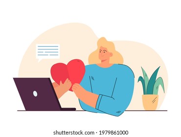 Woman looking for love online vector illustration. Young woman receiving love text message on laptop with heart. Human emotions. Digital dating concept for banner, website design or landing web page