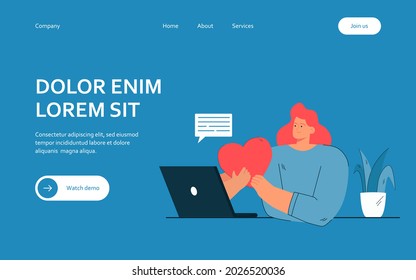 Woman looking for love online vector illustration. Young woman receiving love text message on laptop with heart. Human emotions. Digital dating concept for banner, website design or landing web page