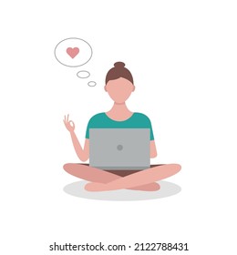 Woman looking for love online.Woman with laptop searching for romantic partner online. Concept of Valentines day. Vector illustration.