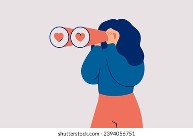 Woman looking for love and sympathy. Girl watching through binoculars with hearts. Girl finding partner, relationships, romance, crush. Vector illustration