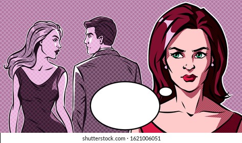 Woman looking at man with another woman and getting jealous. Pop art vector illustration.