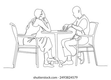 Woman looking at man eating in street cafe. Side view. Black and white vector illustration in line art style.
