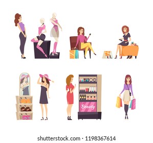 Woman looking at mannequins and clothes vector. Lady trying on shoes, female shopper with hat, person choosing makeup products, shopaholic with bags