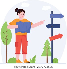 Woman Looking At Map Towards Camping Direction Illustration