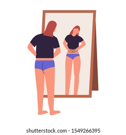 Woman looking at mirror checking if she lost weight. dysmorphophobia, self hate, dissatisfaction with appearance concept. Flat vector illustration