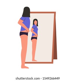 Woman looking at mirror checking if she lost weight. dysmorphophobia, self hate, dissatisfaction with appearance concept. Flat vector illustration