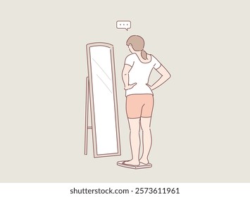 Woman looking at mirror checking if she lost weight. Hand drawn style vector design illustrations.	