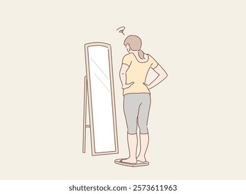 Woman looking at mirror checking if she lost weight. Hand drawn style vector design illustrations.	