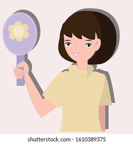 Woman looking at mirror. Creative idea design. Flat vector illustration for template, brochure, web page or presentation.