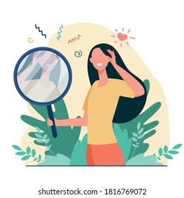 Mujer mirando la ilustración de un vector plano espejo. Caricatura de hermosos personajes femeninos sonriendo a su reflexión. El amor a sí mismo, el ego y el concepto de narcisismo