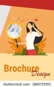 Woman looking at mirror flat vector illustration. Cartoon beautiful female characters smiling to her reflection. Love of self, ego and narcissism concept