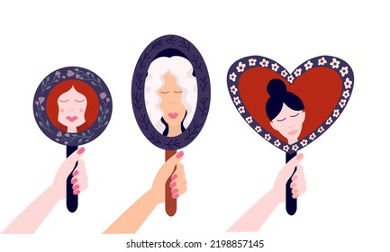 Woman looking in mirror in hands and reflexing her face vector flat illustration. Different women holding mirror and looking in vector set.