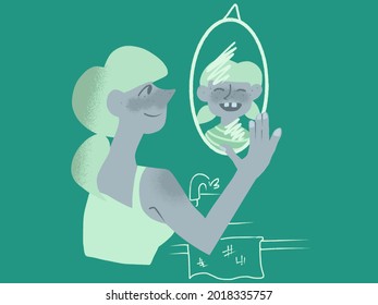 A woman looking in the mirror at herself as a child being self reflective and caring for her inner child. 