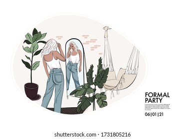 Woman looking in mirror illustration, blonde girl reflection sketch, home  leisure activity art for publication and advertising, magazine hand-drawn person on weekend  lifestyle artwork in vector.