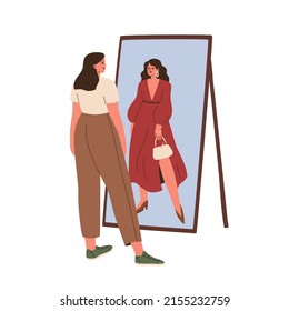Woman Looking At Mirror Reflection With Different Outfit. Makeover, Changing Image Concept. Girl Taking On Dress In Digital Fitting Room. Flat Graphic Vector Illustration Isolated On White Background.