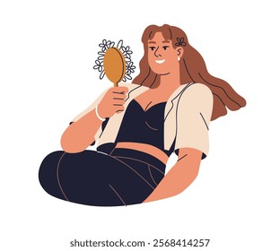 Woman looking at mirror reflection. Happy young girl admiring herself, enjoying beauty, smiling. Self love and perception, psychology concept. Flat vector illustration isolated on white background