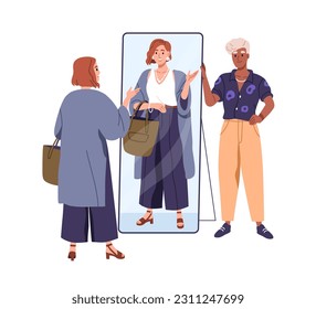 Woman looking at mirror reflection, new image. Personal stylist and female customer in fashion stylish clothes, modern apparel, accessories. Flat vector illustration isolated on white background