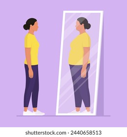 Woman looking at the mirror and seeing herself as overweight: eating disorders and anorexia concept