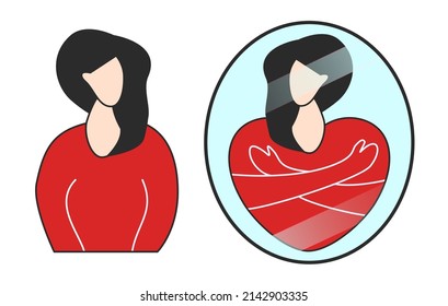 Woman looking in mirror and seeing self love, self-confidence, her body as a heart hugging herself. Love yourself