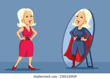 
Woman Looking in the Mirror Seeing Superhero Vector Cartoon  Cool blonde girl checking her image and self confidence 
