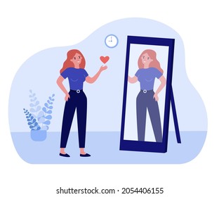 Woman looking in mirror and sending heart to reflection. Confident happy female character flat vector illustration. Self love and confidence concept for banner, website design or landing web page