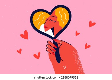 Woman looking in mirror show self  love   self  acceptance  Smiling girl demonstrate love   care to inner self  Confidence   security  Vector illustration  