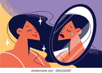 Woman looking in mirror suffer from personality disorder hiding problems. Girl struggle with insecurity and self-destruction. Mental trouble. Vector illustration. 