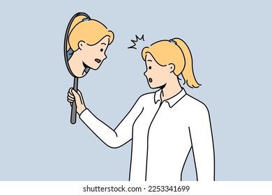 Woman looking in mirror thinking of different part of self. Young female consider aspects of inner identity. Self-awareness and oneness. Vector illustration. 