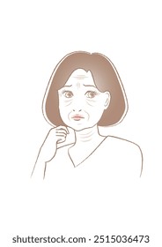 A woman looking in the mirror and worried about wrinkles and sagging skin. Vector illustration. Simple hand-drawn style. White background.