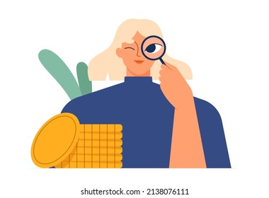 Woman looking at money with a magnifying glass, searching for profit. Financial analysis, investigation or research. Earnings, savings, economy concept. Isolated flat vector illustration