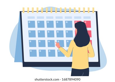 Woman looking at monthly calendar - menstruation cycle control banner with female cartoon character standing and counting week days. Flat isolated vector illustration.