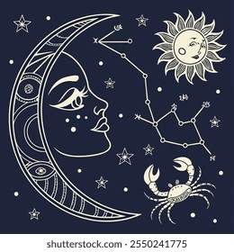 a woman looking at a moon with a star and a star on it