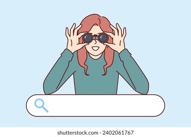 Woman is looking for necessary information standing over search bar and using binoculars. Concept of search in digital space or detective investigation to clarify circumstances of crimes