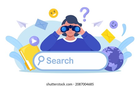 Woman looking for new business or career opportunities. Person looking into future choosing direction of development. Curious characters looking through binoculars. Business research, web surfing