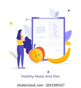 Woman looking at nutrition plan written on tablet. Concept of dietary food, healthy meals for weight management or loss, low-calorie diet. Modern flat colorful vector illustration for poster, banner.