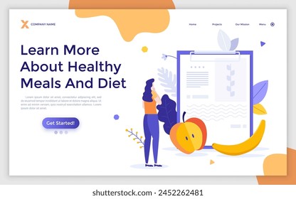 Woman looking at nutrition plan written on tablet. Concept of dietary food, healthy meals for weight management or loss, low-calorie diet. Modern flat colorful vector illustration for landing page