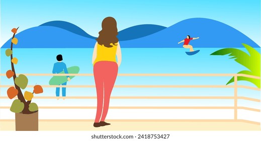 Woman Looking Ocean and woman surfing