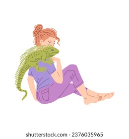 Woman is looking on green guana sitting on shoulder. Cartoon chameleon lizard. Vector illustration of exotic pet reptile animal. Human home rare crawling mammal