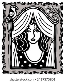 Woman looking on window. Brazilian northeast woodcut illustration. Cordel style.